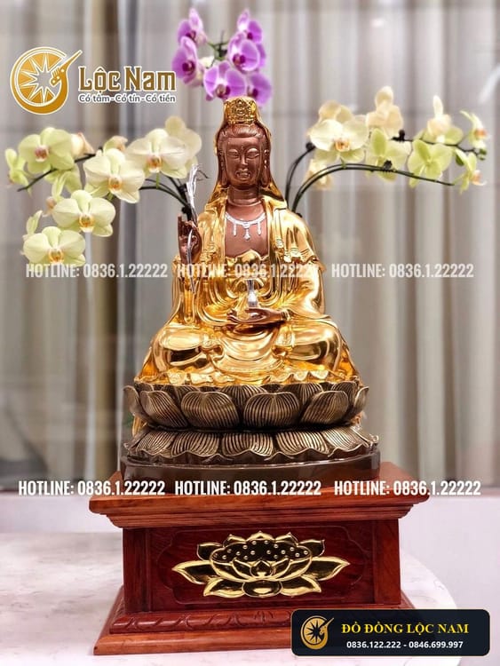 Tượng phật bà quan âm bằng đồng cao 42cm dát vàng 9999