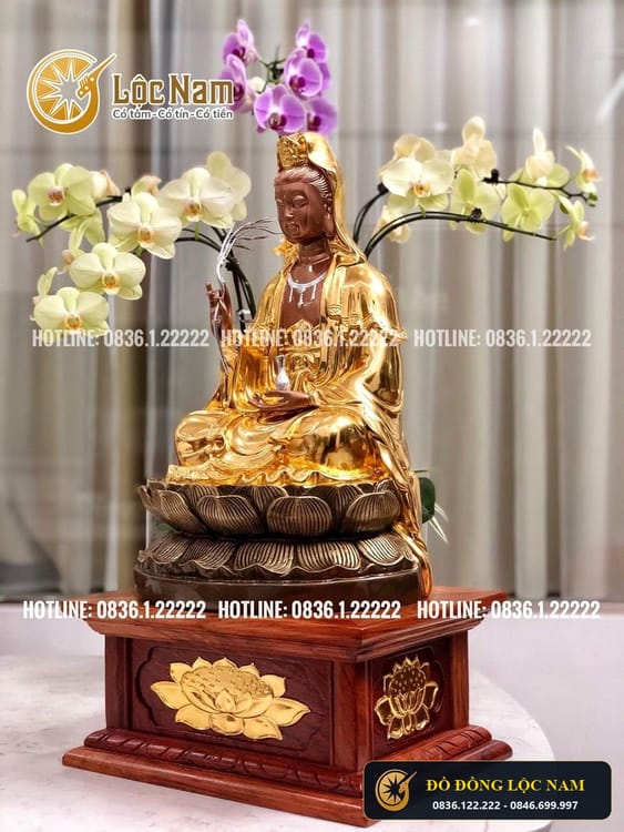 Tượng phật bà quan âm bằng đồng cao 42cm dát vàng 9999 góc chụp 1