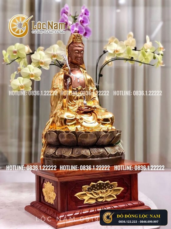 Tượng phật bà quan âm bằng đồng cao 42cm dát vàng 9999 góc chụp 2