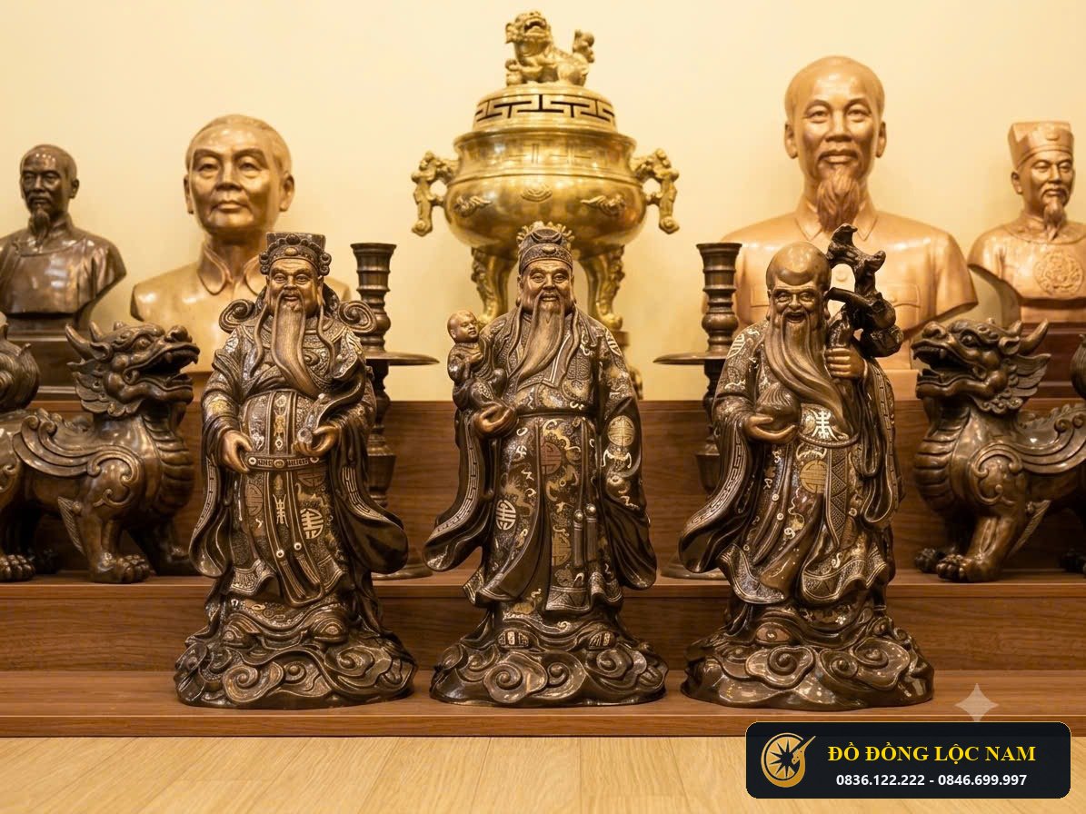 Tượng Tam Đa Bằng Đồng Đỏ Cạo Màu Cao 50cm